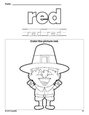 Free Thanksgiving pilgrim color red coloring page and color worksheet, red worksheet for preschoolers to learn colors, printable PDF