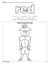 Free Thanksgiving pilgrim color red coloring page and color worksheet, red worksheet for preschoolers to learn colors, printable PDF