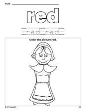 Free Thanksgiving pilgrim color red coloring page and color worksheet, red worksheet for preschoolers to learn colors, printable PDF