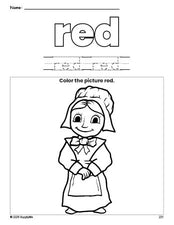 Free Thanksgiving pilgrim color red coloring page and color worksheet, red worksheet for preschoolers to learn colors, printable PDF