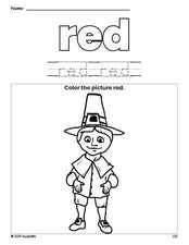 Free Thanksgiving pilgrim color red coloring page and color worksheet, red worksheet for preschoolers to learn colors, printable PDF