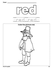 Free Thanksgiving pilgrim color red coloring page and color worksheet, red worksheet for preschoolers to learn colors, printable PDF