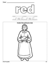 Free Thanksgiving pilgrim color red coloring page and color worksheet, red worksheet for preschoolers to learn colors, printable PDF