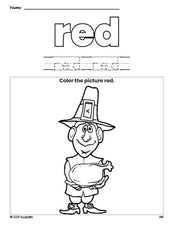 Free Thanksgiving pilgrim color red coloring page and color worksheet, red worksheet for preschoolers to learn colors, printable PDF