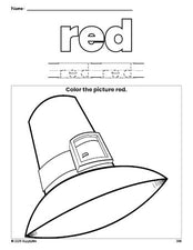 Free Thanksgiving pilgrim color red coloring page and color worksheet, red worksheet for preschoolers to learn colors, printable PDF