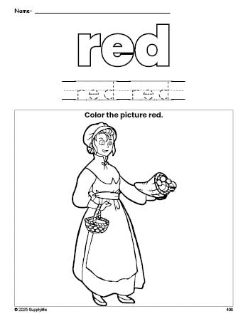 Free Thanksgiving pilgrim color red coloring page and color worksheet, red worksheet for preschoolers to learn colors, printable PDF