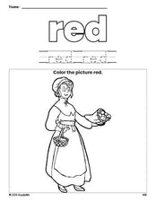 Free Thanksgiving pilgrim color red coloring page and color worksheet, red worksheet for preschoolers to learn colors, printable PDF