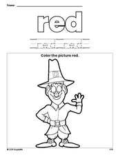 Free Thanksgiving pilgrim color red coloring page and color worksheet, red worksheet for preschoolers to learn colors, printable PDF