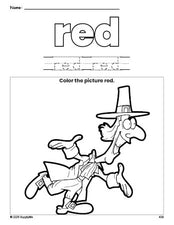 Free Thanksgiving pilgrim color red coloring page and color worksheet, red worksheet for preschoolers to learn colors, printable PDF