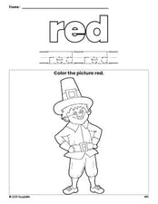 Free Thanksgiving pilgrim color red coloring page and color worksheet, red worksheet for preschoolers to learn colors, printable PDF