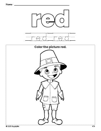 Free Thanksgiving pilgrim color red coloring page and color worksheet, red worksheet for preschoolers to learn colors, printable PDF