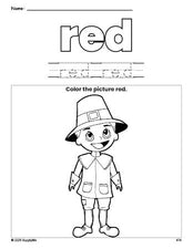 Free Thanksgiving pilgrim color red coloring page and color worksheet, red worksheet for preschoolers to learn colors, printable PDF