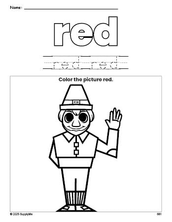 Free Thanksgiving pilgrim color red coloring page and color worksheet, red worksheet for preschoolers to learn colors, printable PDF