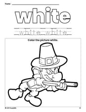 Free Thanksgiving pilgrim color white coloring page and color worksheet, white worksheet for preschoolers to learn colors, printable PDF