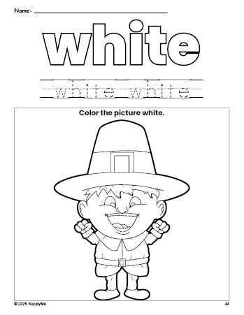 Free Thanksgiving pilgrim color white coloring page and color worksheet, white worksheet for preschoolers to learn colors, printable PDF