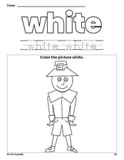 Free Thanksgiving pilgrim color white coloring page and color worksheet, white worksheet for preschoolers to learn colors, printable PDF