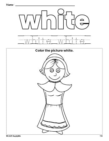 Free Thanksgiving pilgrim color white coloring page and color worksheet, white worksheet for preschoolers to learn colors, printable PDF