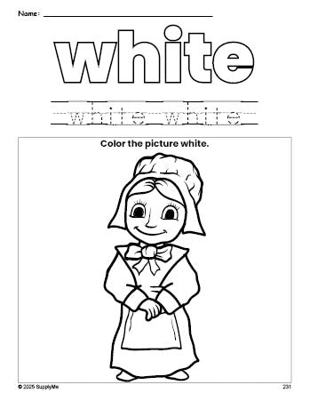 Free Thanksgiving pilgrim color white coloring page and color worksheet, white worksheet for preschoolers to learn colors, printable PDF