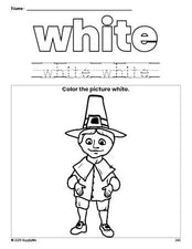 Free Thanksgiving pilgrim color white coloring page and color worksheet, white worksheet for preschoolers to learn colors, printable PDF