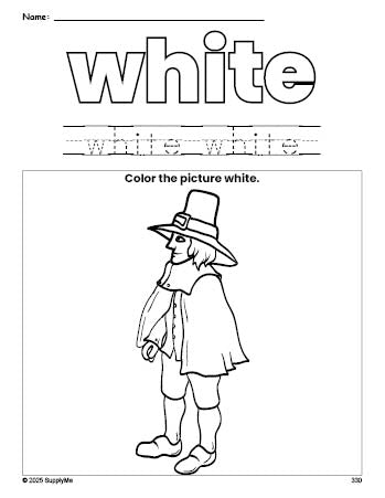 Free Thanksgiving pilgrim color white coloring page and color worksheet, white worksheet for preschoolers to learn colors, printable PDF