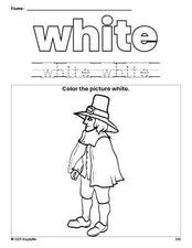 Free Thanksgiving pilgrim color white coloring page and color worksheet, white worksheet for preschoolers to learn colors, printable PDF