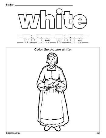 Free Thanksgiving pilgrim color white coloring page and color worksheet, white worksheet for preschoolers to learn colors, printable PDF