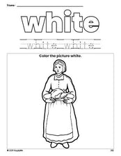 Free Thanksgiving pilgrim color white coloring page and color worksheet, white worksheet for preschoolers to learn colors, printable PDF