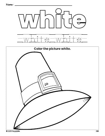 Free Thanksgiving pilgrim color white coloring page and color worksheet, white worksheet for preschoolers to learn colors, printable PDF