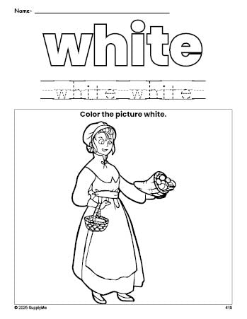 Free Thanksgiving pilgrim color white coloring page and color worksheet, white worksheet for preschoolers to learn colors, printable PDF