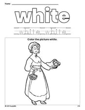 Free Thanksgiving pilgrim color white coloring page and color worksheet, white worksheet for preschoolers to learn colors, printable PDF