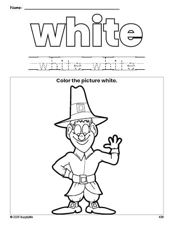 Free Thanksgiving pilgrim color white coloring page and color worksheet, white worksheet for preschoolers to learn colors, printable PDF