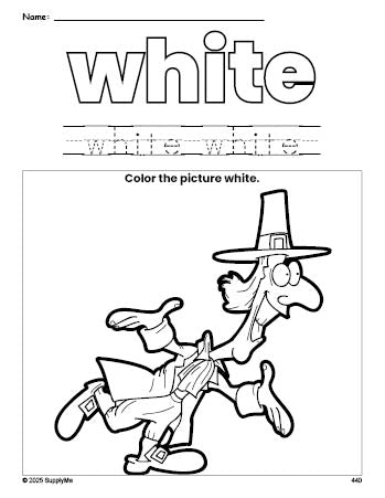 Free Thanksgiving pilgrim color white coloring page and color worksheet, white worksheet for preschoolers to learn colors, printable PDF