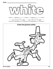 Free Thanksgiving pilgrim color white coloring page and color worksheet, white worksheet for preschoolers to learn colors, printable PDF