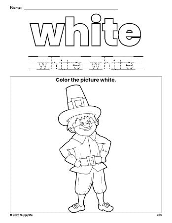 Free Thanksgiving pilgrim color white coloring page and color worksheet, white worksheet for preschoolers to learn colors, printable PDF