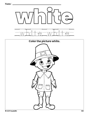 Free Thanksgiving pilgrim color white coloring page and color worksheet, white worksheet for preschoolers to learn colors, printable PDF