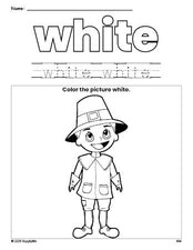 Free Thanksgiving pilgrim color white coloring page and color worksheet, white worksheet for preschoolers to learn colors, printable PDF