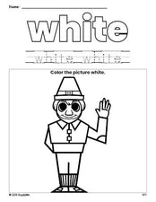 Free Thanksgiving pilgrim color white coloring page and color worksheet, white worksheet for preschoolers to learn colors, printable PDF