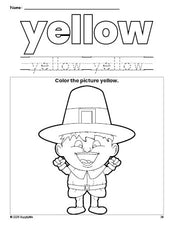 Free Thanksgiving pilgrim color yellow coloring page and color worksheet, yellow worksheet for preschoolers to learn colors, printable PDF