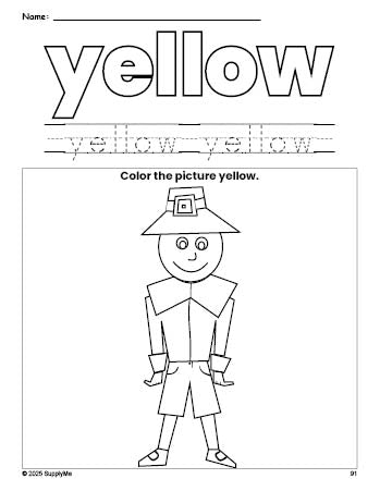 Free Thanksgiving pilgrim color yellow coloring page and color worksheet, yellow worksheet for preschoolers to learn colors, printable PDF