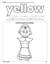 Free Thanksgiving pilgrim color yellow coloring page and color worksheet, yellow worksheet for preschoolers to learn colors, printable PDF