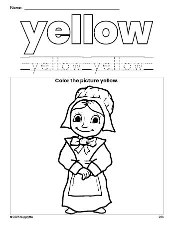 Free Thanksgiving pilgrim color yellow coloring page and color worksheet, yellow worksheet for preschoolers to learn colors, printable PDF