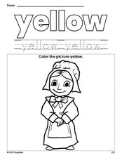 Free Thanksgiving pilgrim color yellow coloring page and color worksheet, yellow worksheet for preschoolers to learn colors, printable PDF