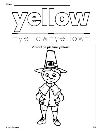 Free Thanksgiving pilgrim color yellow coloring page and color worksheet, yellow worksheet for preschoolers to learn colors, printable PDF