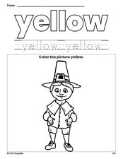 Free Thanksgiving pilgrim color yellow coloring page and color worksheet, yellow worksheet for preschoolers to learn colors, printable PDF