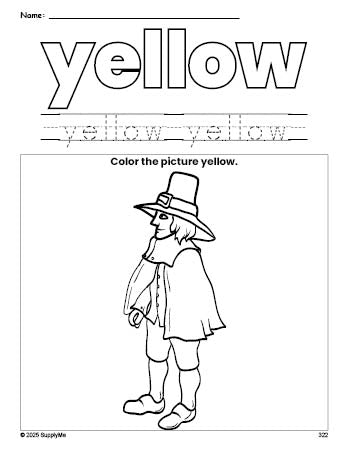 Free Thanksgiving pilgrim color yellow coloring page and color worksheet, yellow worksheet for preschoolers to learn colors, printable PDF