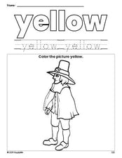 Free Thanksgiving pilgrim color yellow coloring page and color worksheet, yellow worksheet for preschoolers to learn colors, printable PDF