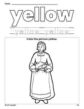 Free Thanksgiving pilgrim color yellow coloring page and color worksheet, yellow worksheet for preschoolers to learn colors, printable PDF