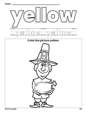 Free Thanksgiving pilgrim color yellow coloring page and color worksheet, yellow worksheet for preschoolers to learn colors, printable PDF