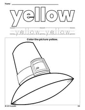 Free Thanksgiving pilgrim color yellow coloring page and color worksheet, yellow worksheet for preschoolers to learn colors, printable PDF