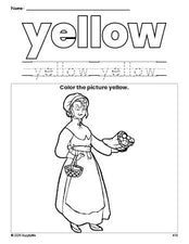 Free Thanksgiving pilgrim color yellow coloring page and color worksheet, yellow worksheet for preschoolers to learn colors, printable PDF